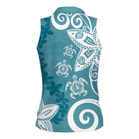 Polynesia Women Sleeveless Polo Shirt Hippie Blue Tribal Turtle Floral Pattern