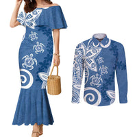 Polynesia Couples Matching Mermaid Dress and Long Sleeve Button Shirt Blue Tribal Turtle Floral Pattern