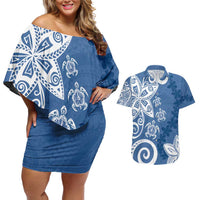 Polynesia Couples Matching Off Shoulder Short Dress and Hawaiian Shirt Blue Tribal Turtle Floral Pattern