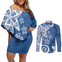 Polynesia Couples Matching Off Shoulder Short Dress and Long Sleeve Button Shirt Blue Tribal Turtle Floral Pattern