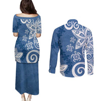 Polynesia Couples Matching Puletasi and Long Sleeve Button Shirt Blue Tribal Turtle Floral Pattern