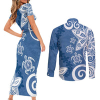 Polynesia Couples Matching Short Sleeve Bodycon Dress and Long Sleeve Button Shirt Blue Tribal Turtle Floral Pattern
