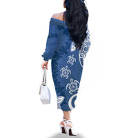 Polynesia Family Matching Off The Shoulder Long Sleeve Dress and Hawaiian Shirt Blue Tribal Turtle Floral Pattern