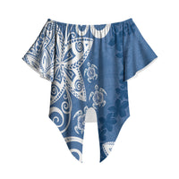 Polynesia Off Shoulder Wrap Waist Top Blue Tribal Turtle Floral Pattern LT05 Blue - Polynesian Pride