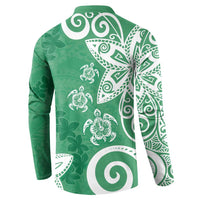 Polynesia Button Sweatshirt Green Tribal Turtle Floral Pattern