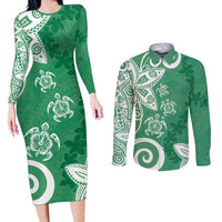 Polynesia Couples Matching Long Sleeve Bodycon Dress and Long Sleeve Button Shirt Green Tribal Turtle Floral Pattern