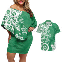 Polynesia Couples Matching Off Shoulder Short Dress and Hawaiian Shirt Green Tribal Turtle Floral Pattern