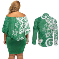 Polynesia Couples Matching Off Shoulder Short Dress and Long Sleeve Button Shirt Green Tribal Turtle Floral Pattern