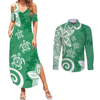 Polynesia Couples Matching Summer Maxi Dress and Long Sleeve Button Shirt Green Tribal Turtle Floral Pattern