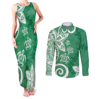 Polynesia Couples Matching Tank Maxi Dress and Long Sleeve Button Shirt Green Tribal Turtle Floral Pattern