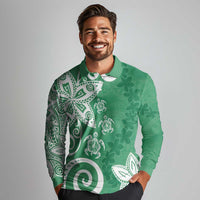 Polynesia Long Sleeve Polo Shirt Green Tribal Turtle Floral Pattern