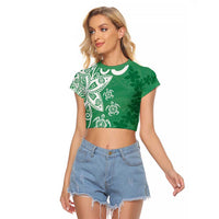 Polynesia Raglan Cropped T Shirt Green Tribal Turtle Floral Pattern