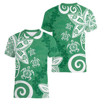 Polynesia Women V-Neck T-Shirt Green Tribal Turtle Floral Pattern