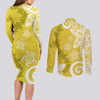 Polynesia Couples Matching Long Sleeve Bodycon Dress and Long Sleeve Button Shirt Yellow Tribal Turtle Floral Pattern