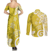 Polynesia Couples Matching Summer Maxi Dress and Long Sleeve Button Shirt Yellow Tribal Turtle Floral Pattern