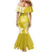 Polynesia Family Matching Mermaid Dress and Hawaiian Shirt Yellow Tribal Turtle Floral Pattern