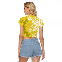 Polynesia Raglan Cropped T Shirt Yellow Tribal Turtle Floral Pattern