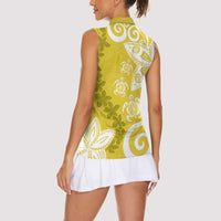 Polynesia Women Sleeveless Polo Shirt Yellow Tribal Turtle Floral Pattern