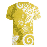 Polynesia Women V-Neck T-Shirt Yellow Tribal Turtle Floral Pattern
