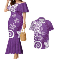 Polynesia Couples Matching Mermaid Dress and Hawaiian Shirt Purple Tribal Turtle Floral Pattern LT05 Purple - Polynesian Pride