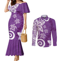 Polynesia Couples Matching Mermaid Dress and Long Sleeve Button Shirt Purple Tribal Turtle Floral Pattern