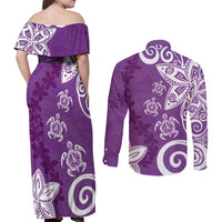 Polynesia Couples Matching Off Shoulder Maxi Dress and Long Sleeve Button Shirt Purple Tribal Turtle Floral Pattern