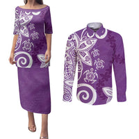 Polynesia Couples Matching Puletasi and Long Sleeve Button Shirt Purple Tribal Turtle Floral Pattern