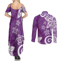 Polynesia Couples Matching Summer Maxi Dress and Long Sleeve Button Shirt Purple Tribal Turtle Floral Pattern