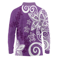 Polynesia Long Sleeve Polo Shirt Purple Tribal Turtle Floral Pattern