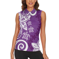 Polynesia Women Sleeveless Polo Shirt Purple Tribal Turtle Floral Pattern