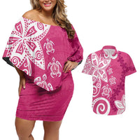 Polynesia Couples Matching Off Shoulder Short Dress and Hawaiian Shirt Pink Tribal Turtle Floral Pattern