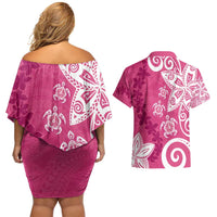 Polynesia Couples Matching Off Shoulder Short Dress and Hawaiian Shirt Pink Tribal Turtle Floral Pattern