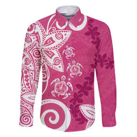 Polynesia Family Matching Off Shoulder Short Dress and Hawaiian Shirt Pink Tribal Turtle Floral Pattern