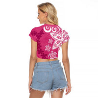 Polynesia Raglan Cropped T Shirt Pink Tribal Turtle Floral Pattern