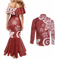 Polynesia Couples Matching Mermaid Dress and Long Sleeve Button Shirt Red Tribal Turtle Floral Pattern