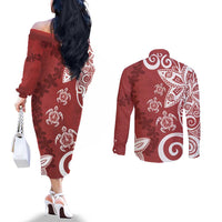 Polynesia Couples Matching Off The Shoulder Long Sleeve Dress and Long Sleeve Button Shirt Red Tribal Turtle Floral Pattern
