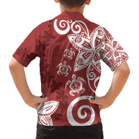 Polynesia Family Matching Long Sleeve Bodycon Dress and Hawaiian Shirt Red Tribal Turtle Floral Pattern LT05 - Polynesian Pride