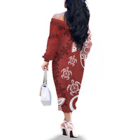 Polynesia Family Matching Off The Shoulder Long Sleeve Dress and Hawaiian Shirt Red Tribal Turtle Floral Pattern