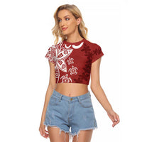Polynesia Raglan Cropped T Shirt Red Tribal Turtle Floral Pattern