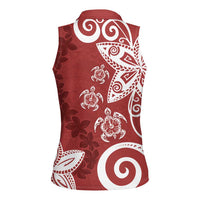 Polynesia Women Sleeveless Polo Shirt Red Tribal Turtle Floral Pattern