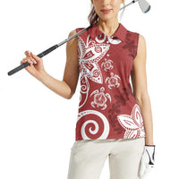 Polynesia Women Sleeveless Polo Shirt Red Tribal Turtle Floral Pattern