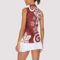 Polynesia Women Sleeveless Polo Shirt Red Tribal Turtle Floral Pattern