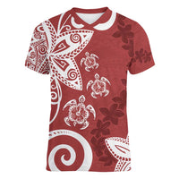 Polynesia Women V-Neck T-Shirt Red Tribal Turtle Floral Pattern