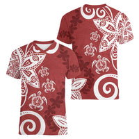 Polynesia Women V-Neck T-Shirt Red Tribal Turtle Floral Pattern