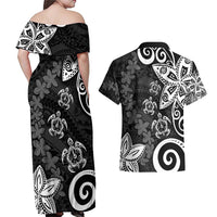 Polynesia Couples Matching Off Shoulder Maxi Dress and Hawaiian Shirt Black Tribal Turtle Floral Pattern LT05 - Polynesian Pride