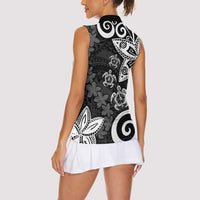 Polynesia Women Sleeveless Polo Shirt Black Tribal Turtle Floral Pattern