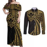 Hawaii And Philippines Couples Matching Off Shoulder Maxi Dress and Long Sleeve Button Shirt Kanaka Maoli With Tribal Sun Together Gold LT05 Gold - Polynesian Pride