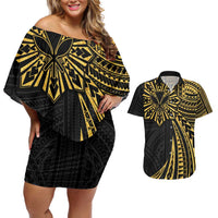 Hawaii And Philippines Couples Matching Off Shoulder Short Dress and Hawaiian Shirt Kanaka Maoli With Tribal Sun Together Gold LT05 Gold - Polynesian Pride