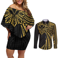 Hawaii And Philippines Couples Matching Off Shoulder Short Dress and Long Sleeve Button Shirt Kanaka Maoli With Tribal Sun Together Gold LT05 Gold - Polynesian Pride