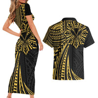 Hawaii And Philippines Couples Matching Short Sleeve Bodycon Dress and Hawaiian Shirt Kanaka Maoli With Tribal Sun Together Gold LT05 - Polynesian Pride